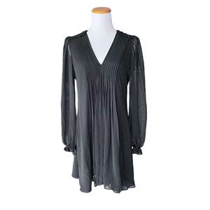 NWOT Zara Swiss Dot Black Shift Long Sleeve Dress Chiffon Pleated Ruffle Medium